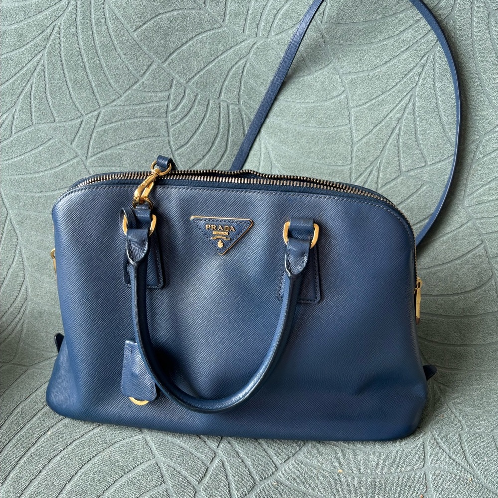 Prada Blue Saffiano Leather Satchel with Gold Accents